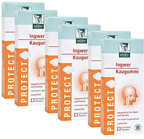BADERs PROTECT Ingwer Kaugummi aus der Apotheke. Mit den Scharfstoffen der Gingerole. Ideal auch bei Reisen. 6 x 20 Kaugummi-Quadrate