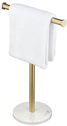 Soporte para toallas de mano con base de mármol, toallero dorado cepillado en forma de T, soporte para toallas de mano para encimera de baño, toallero independiente dorado