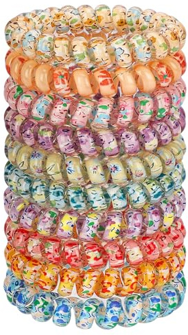 JessLab Spiral Hair Ties for Ladies, 10-Pack Elastic Cute Plastic Coil Bands, No-Damage Accessory for Women and Children with Thick or Thinning Hair, Silkscreen Floral Print