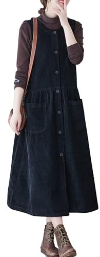 Robe débardeur décontractée en velours côtelé boutonnée sans manches pour femme - Robe ample mi-longue avec poches