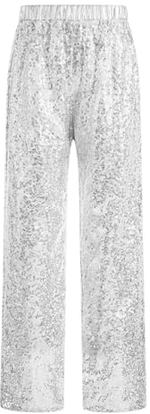Runhomal Enfant Garçon Fille Pantalon de Danse Jazz Paillettes Brillants Pantalon Patte d'Elephant Costume Danse Latine Tango Hip-Hop 5-16 Ans Argenté 9-10 Ans