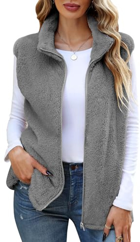 Yuson Girl Gilet Donna Gilet da Teddy Pile Senza Maniche Morbido Smanicato Elegante Autunno Inverno Gilet Termico Leggero Gilet in Pile con Tasche Caldo Gilet con Cerniera Softshell(Grigio, M)