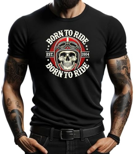 Camiseta Negra Born to Ride con Calavera y Casco de Motociclista - Estilo Vintage, 100% Algodón, Ideal para Motociclistas y Amantes de la Velocidad (FR/ES, Letras, XXL, Regular, Regular, Negro)