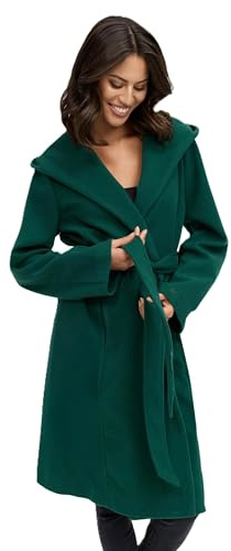 MARIKOO Abrigo de entretiempo para mujer (XS-3XL) – Elegante abrigo envolvente con cinturón en la cintura, capucha de gran tamaño, chaqueta cálida para mujer – N046, Evergreen., L