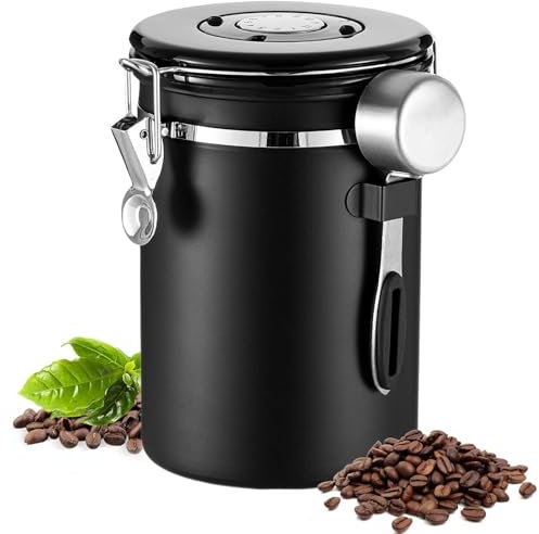 Airtight Coffee Canister, 1800ML Coffee Grind Storage, Stainless Steel Coffeees Container with Date Tracker and Measure Scoop, Kitchen Food Storage Container for Grounds Tea Sugar