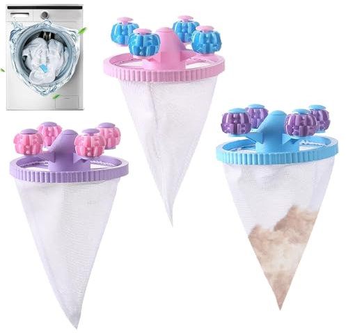 Pet Hair Remover Washing Machine, 3 Pack Reusable Rotating Roller Lint Catcher, Active Adsorption Lint Filter, 3D Conical Floating Hair Filtering Mesh Removal, for Washing Machines & Laundry Room