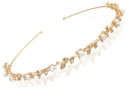 Cheyne Brud Bröllop Hårsmycke, Guld Diadem Glansande Bröllops Hårsmycken Dam Strass Tiara Elegant Pärl Pannband Kristall Blad Hårband Strassstenar Huvudbonad för Kvinnor Flickor