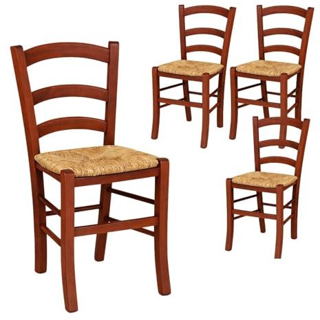 VIRSUS Set 4 Sedie Paesana in Legno con Seduta in Paglia, Misura 44x43x88 cm, Sedia Tradizionale Robusta, per Casa, Cucina, Agriturismo, Ristorante, Made in Italy (Noce Scuro)