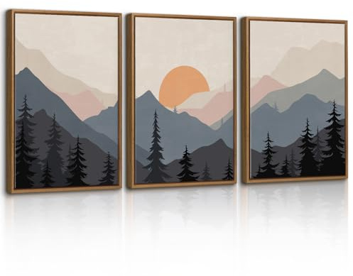 WENGTIAO Quadri su Tela con Cornice, Vintage Acquerello Montagna Paesaggi, Stampa su Tela Astratto Natura Foresta Tramonto per Quadro Moderno Soggiorno Camera da Letto Decorazioni Parete 30x40cmx3