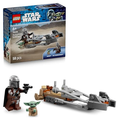 LEGO Star Wars 75436 The Mandalorian & Grogu's Speeder Bike Toy - incl. a Grogu Figure & Din Djarin Minifigure w/a Blaster - Small Birthday Gift for 6+ Year Old Boys & Fans