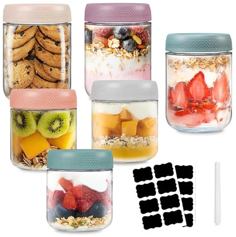 KDISHKRA Set di 6 barattoli per overnight oats (300ml+500ml), Barattoli Vetro Ermetici con Coperchio, Vasetti Yogurt per Conservare l'avena, Yogurt, Cereali, Marmellate, Budino, Alimenti Bambini