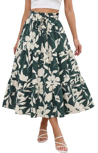 Sahunfri Floral Midi Skirts for Women UK Summer Comfy Tiered Elastic Waist Boho Skirts Ladies Midi Length Swing Skirt