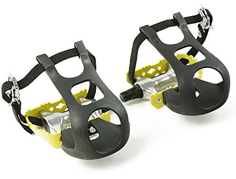 Gelbe Fahrrad Pedale mit Pedalhaken 9/16 Zoll Gewinde Pedalkäfig für SingleSpeed Fixy Retro Rennrad Bike Vintage - Kunststoffhaken und einfachem Nylonriemen