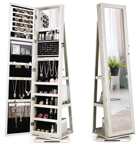 COSTWAY Armoire à Bijoux Pivotante à 360 Degrés, Organisateur de Bijoux sur Pieds, avec Grand Miroir Psyché et Etagère de Rangement à L’Arrière (Blanc)