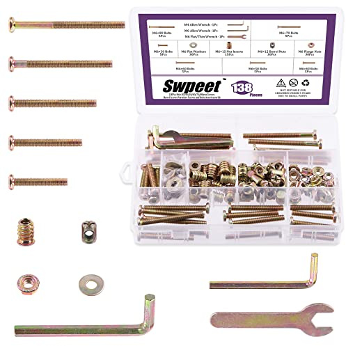 Swpeet 138Pcs M6 x 30/40/50/60/70/80 mm Zinc plateado Kit de tornillos de hardware para cuna, cabeza hexagonal, perno de cama de y tuercas de barril, arandela plana de brida con de inserción roscadas