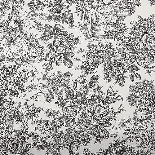 Kt KILOtela - Mönstrad duk tyg, Dekoration, Klädsel, Kuddar, Dukar, Väskor, Hantverk, 100 cm Lång x 280 cm bred, Romantisk, Landskap, Toile de Jouy, Svart ─ 1 meter