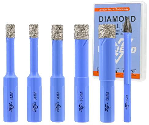 Juego de Brocas Diamante Seco - 5 Piezas 6/6/8/10/12mm Corona Diamnate y 6mm Broca de Carburo para Baldosas de Porcelana Cerámica Mármol Granito - Vástago Triangular con Estuche VENJELD