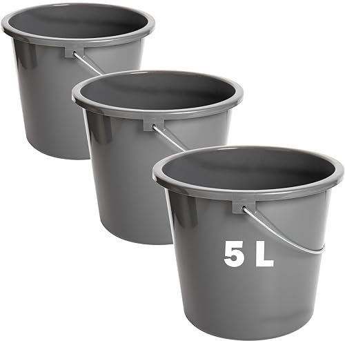 Putzeimer 5l Haushalteimer, Eimer 3er Set, Wischeimer mit Meßskala und Metallgriff, Plastikeimer Putzkübel aus Kunststoff ohne BPA, Wascheimer Grau, Langlebig-Vielseitig & Robust, Made in EU