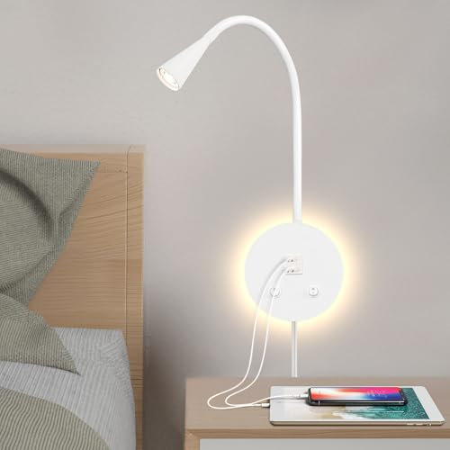 MOLUOLA LIGHTING LED Wall Mounted Reading Light, Flexible Gooseneck Book Light for Reading in Bed, Wall Lamp with USB + Type C Output, Night Light & Spotlight, Focused Bed Lamp (White)