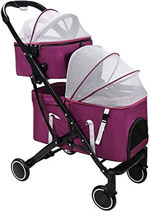 Doppellagiger Haustier-Buggy für 2 Katzen und Hunde, Haustier-Buggys, Katzen-Buggys, Hunde-Kinderwagen, Buggys, Premium, abnehmbarer zweilagiger Kinderwagen, Reisewagenträger (lila) (lila)