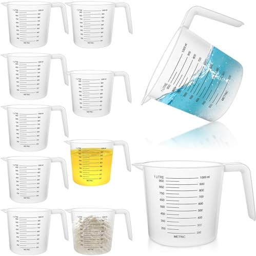 Akamino 10 jarras medidoras de plástico, taza medidora de plástico transparente de 1 litro con asa para cocina, jarra medidora reutilizable con escala de medición y fácil de verter para cocinar y
