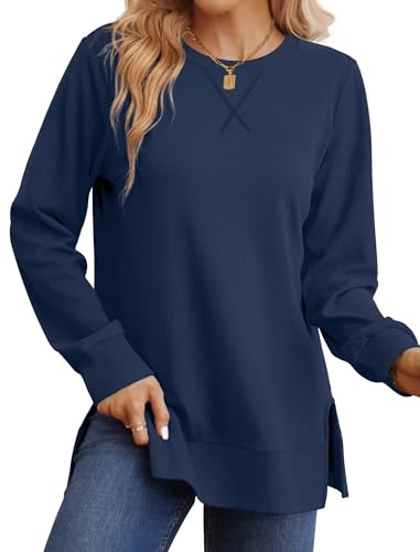 WIHOLL Sweatshirts for Women Oversized Jumpers Ladies Long Sleeve Tops Crewneck Tunic Side Split Blue 2XL