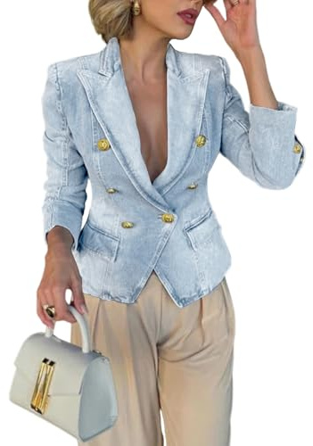 utcoco Women's Notched Lapel Double Breasted Denim Blazer Trendy Casual Slim Fit Long Sleeve Jean Jacket (Small, Light Blue)