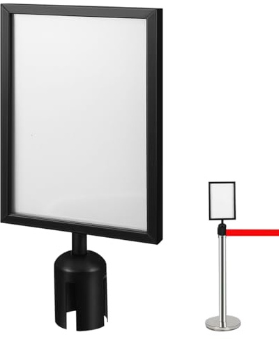 Hemobllo Vertical Stanchion Sign Holder with Retractable Belt Frame for Queue Barrier Airport Guidance Office and Event Signage Metal A4 Poster Stand Black