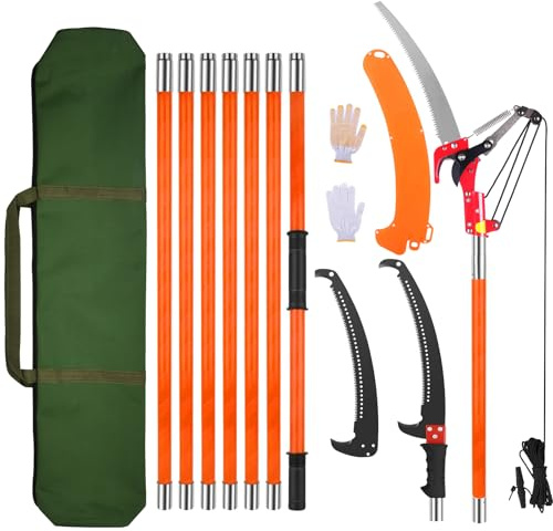 Coupe Branche Télescopique 8m: Scie Telescopique Elaguer 2 en 1,7 Manche Télescopique | 2 Lames de Scie | Sac de Transport, Scie d'élagage Pour Élagage Palmiers Arbustes (Orange)