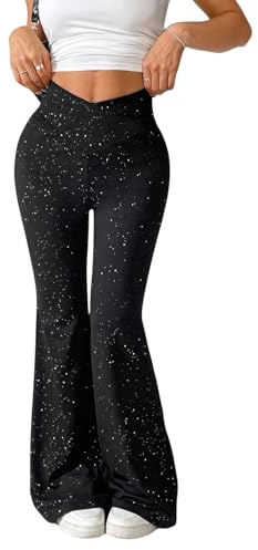 SOLY HUX Festival outfit byxor dam stora storlekar byxor eleganta glitter utsvängda byxor hög midja festbyxor dansbyxor fritidsbyxor, svart, L