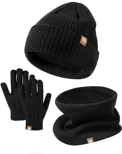 Generisch Gorro de invierno para niños, guantes y bufandas, conjunto de sombreros con pompón de punto, calentador de cuello, polaina, manoplas, juego de forro polar, Negro , talla única