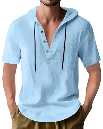 PRIVIMIX Camisa de hombre de lino de manga corta con capucha T Shirt algodón Camisas de verano de playa vacaciones M-3XL