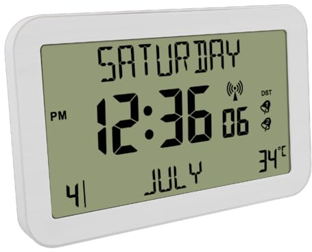 Radio-Controlled Digital Clock with Extra-Large Display, Twin Alarms, Day/Date/Temperature, Automatic UK Atomic Time Sync, Wall Mount or Free-Standing, White Frame, 20 x 12.5 cm
