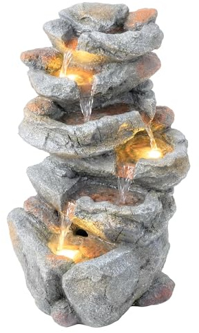 Outsunny Fontaine de Jardin Cascade 6 Niveaux - Décoration de Jardin Zen Résine Pierre Naturelle - 53cm Cascade d'eau Lumineuse LED pour Terrasse, Balcon et Extérieur, Gris