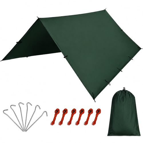 GOOGO Bâche imperméable 450 x 300 cm, tarp de Camping ultraléger avec Sardines et Cordes, Voile d’ombrage pour Soleil et Pluie, hamac, Pique-Nique, randonnée (Vert)