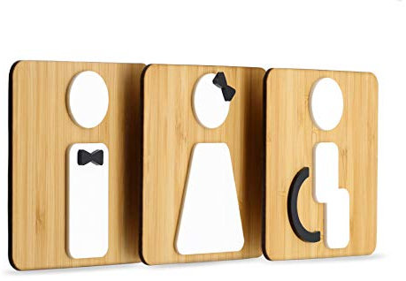 Signs - Styled Knot, Set 3X- Cartel Aseos Señales Adhesivas - Cartel Baño Hombre Mujer Discapacitado - Cartel Puerta Señal aseos - Cartel Puerta WC - Señal baño discapacitados (Prime Cuadrado - Bambú)