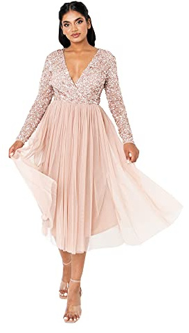 Maya Deluxe Damen Maya Faux Warp Front Embellished Midi Dress Brautjungfernkleid, Green Lily, 26,Taupe Blush,38