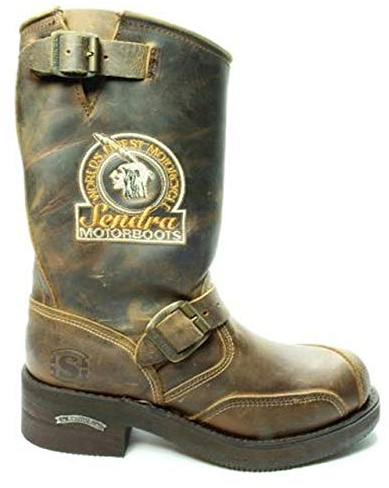 Sendra Boots 3565 Metal Marron Femmes Hommes Biker Bottes Casual Mode Moto Bottes Bouts Coqués Métal Anti Slip Semelle Fait Main Cuir Véritable Taille 43