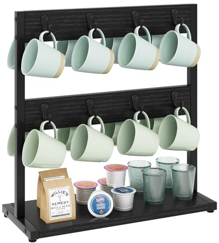 IBUYKE Tazas Soportes Portavasos de Vintage con 16 Ganchos y Estante de Almacenamiento Estante Organizador de Exhibición de Tazas de Café, Negro TBJ001B