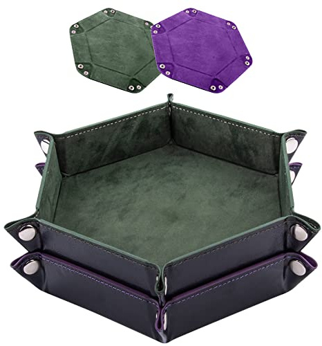 SIQUK 2 Pieces Dice Tray PU Leather Dice Trays Portable Folding Hexagon Dice Roller Tray for Dice Games Like RPG, DND and Other Table Games (Dark Green, Violet)