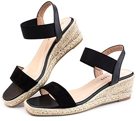 Womens Sandals Ladies Wide Fit Closed Toe Mid Heel Espadrille Wedge Sandals Strappy Party Shoes Wedding Ankle Ankle Strap Black-4 UK Size 6