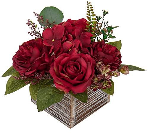 Hortensien Kunstblumen in Holzvase, Kunstblumen im Topf, Künstliche Topfblumen, Rosen, Pfingstrosen, Hortensien, Tafelaufsätze für Tischdekoration, Wohnzimmer, Innenbereich, Zuhause, Badezimmer