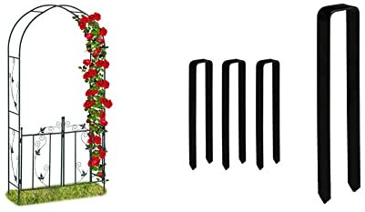 Relaxdays Rosenbogen mit Tür, Garten Rankhilfe Kletterpflanzen, 230 x 113,5 x 36,5 cm, grün & Erdanker 4 Stück, Befestigung Rosenbogen, U-Form, groß, XXL, HBT: 30 x 6,5 x 2,5 cm, schwarz