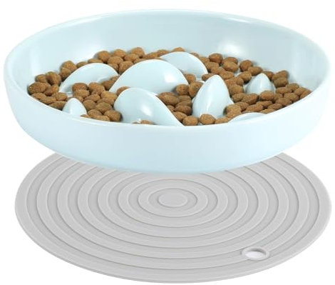 HAPPY HACHI Ceramic Cat Slow Feeder Bowl, Anti-Gulping Pet Slow Eating, With Anti-Slip Pad, Slow Feeder Cat Food Bowl Wet Food, Cat Food Bowl Eating Interactive for Puppy Kitten (Green)