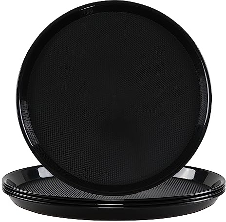 Minekkyes 4-Pack Plastic Round Restaurant Serving Trays, Round Non Slip Bar Serving Tray, Black