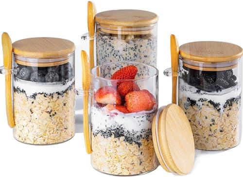 MHDCLY Overnight Oats Containers with Lids,16oz Overnight Oats Jars 4 Pack, Oatmeal Cups,Meal Prep Containers,Glass Meal Prep Containers with Lids,China Pudding Jars