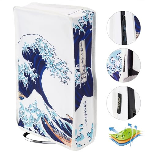 PlayVital Cubierta Antipolvo Vertical para ps5 Slim Disc Edición(el Nuevo diseño más pequeño) Protector de Nailon a Prueba de Polvo Funda Impermeable para ps5 Slim Consola Accesorios(La Gran Ola)