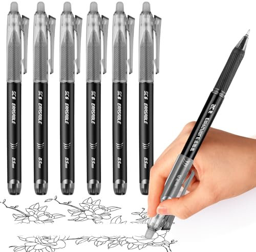 Radierbarer Kugelschreiber Tintenroller, 6 Stück 0,5mm Erasable Pen Gelstifte Radierbar für das Schreiben Journaling Zeichnung Kunstwerk Home Office Schule Briefpapier Zubehör (Schwarz)