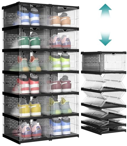 SONGMICS Foldable Shoe Boxes, Pack of 12 Stackable Shoe Storage Organizer, Set of 2 Integraed Shoe Cabinets, Portable, Fit up to US Size 13, 60s Assembly, Transparent and Ink Black ULSP206B01