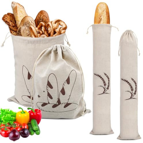 4 Stück Brotbeutel Wiederverwendbare Leinen Brotbeutel mit Kordelzug Brotsack zum Frischhalten Baguette Tasche Brot Aufbewahrung Brot Backen für Baguette Brotsack Obst Brot Gemüse(39×29cm/64×14.5cm)